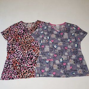 Scrubstar Animal Print Wellness Health Printed Scrub Top Bundle (2) Small